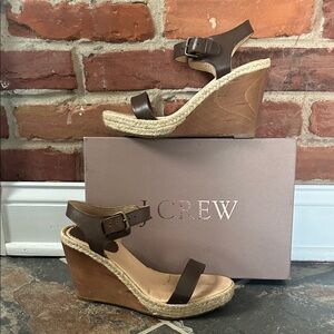 J. Crew Camille Dark Brown Leather Roping Wooden Wedge Sandals